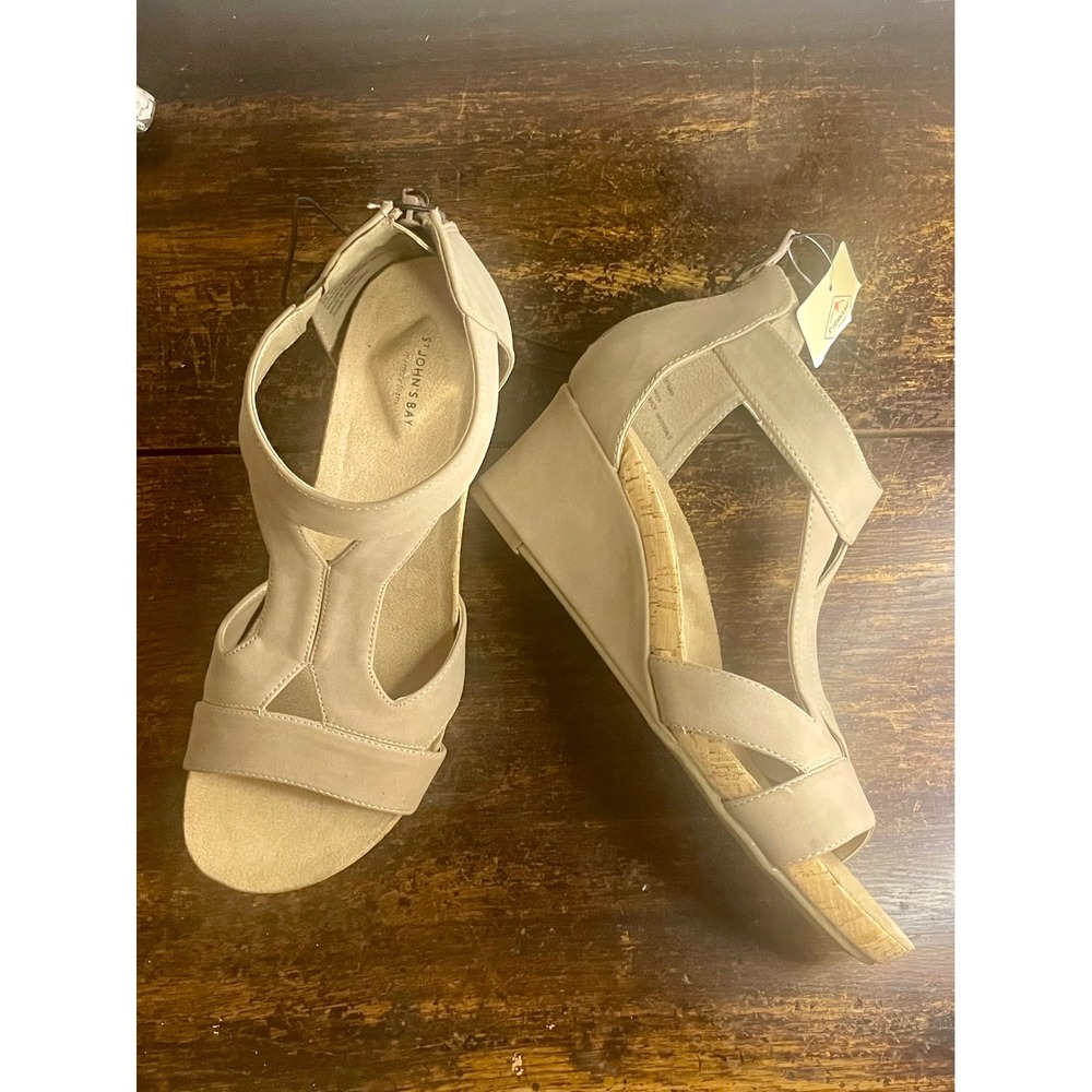 St. John's Bay Taz Porcini Taupe Suede Cork Wedge Sandals Womens 8.5 NWT